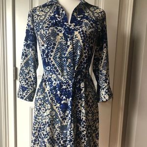 CAbi Navy and Cream Patterned Long Sleeve Dress